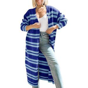 Striped Long Open Front Color BlockLoose Knit cardigan, S, 3H-129T007